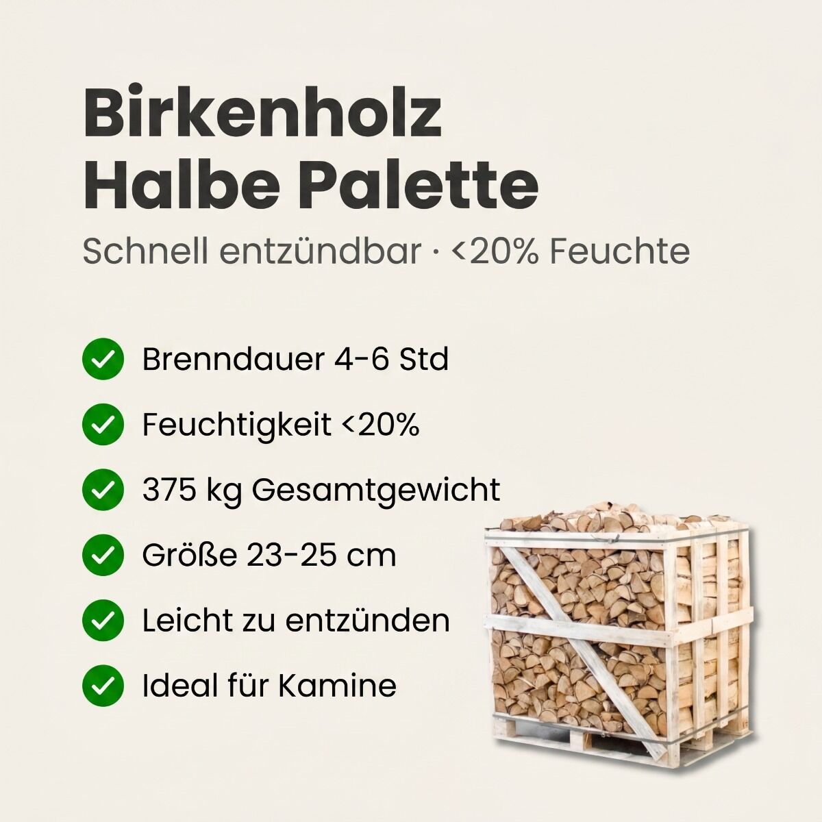 Halbe Palette kammergetrocknetes gespalten Birke Brennholz 25cm – Image 3