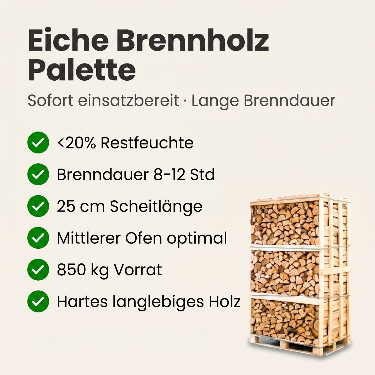 Palette kammergetrocknetes gespalten Eiche Brennholz 25cm – Image 3